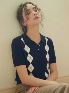 Elegant Women's Spring Summer Fashion Casual Home Leisure Office Commute Diamond Pattern Button Front Knit Short Sleeve Sweater Tee Top