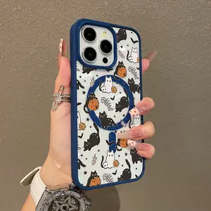 Trendy Magnetic Case for iPhone11/12/13/14/15/16/17/promax Halloween Cats and Ghosts Pattern MagSafe Ready, Ultra Thin & Shockproof | Cute Pick for Girls