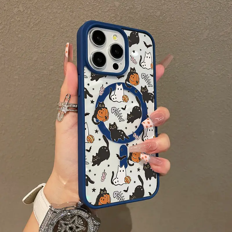 Magnetic TPU Phone Case for IP11/12/13/14/15/16/17-ProMax and SAMS Galaxy , MagSafe-Ready, Halloween Cats & Ghosts Aesthetic Design, Ultra-Thin, Shockproof, Resistance Feature, Cute Mobile Accessories Pick for Girls