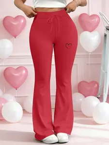 Women's Plus Size Love Heart Print Flare Pants, Sweet Romantic Style, Valentine's Day Fashion, Comfortable Long Trousers