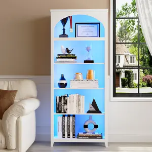 Vlsrka 70" Tall Bookshelf with LED Lights, 5-Tier Modern Farmhouse Wood Bookcase with Arched Design, Sturdy Standing Shelf for Living Room, Bedroom, Office Library,
