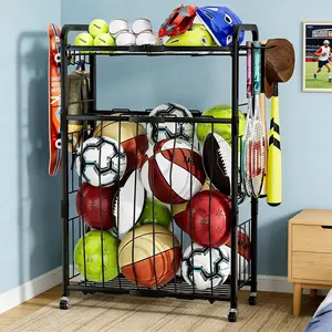 Garage Ball Storage Rack -  Equipment Organizer with Wheels, Rolling  Ball Cart with Elastic Rope, Outdoor Ball Holder for Basketball Soccer Volleyball Football, Garage  Storage