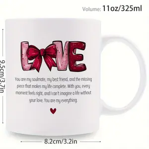 Romantic Heart Mug with Bow and Love Pattern Perfect for Couples Valentines Day Anniversary and Daily Use