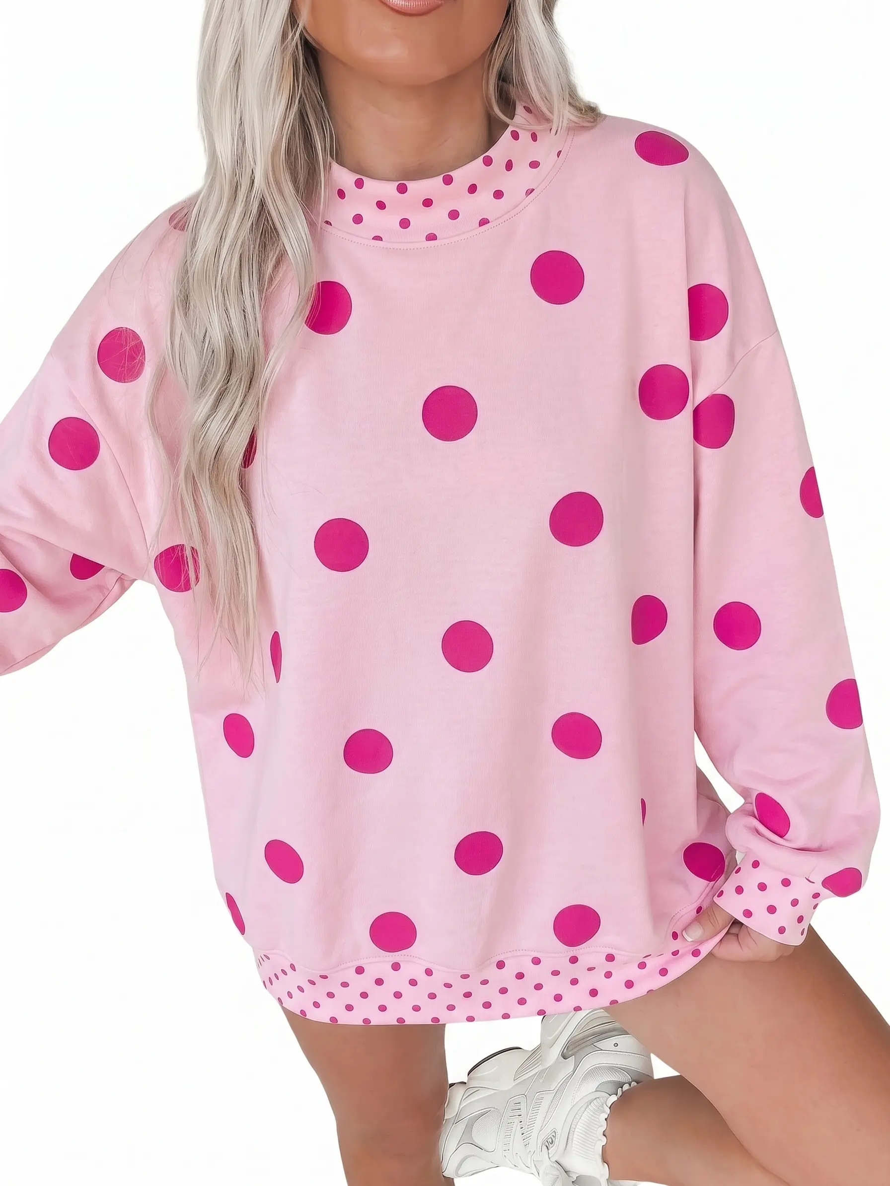 Women's Oversized Polka Dot Sweatshirt Contrast Trim Long Sleeve Tunic Pullover Tops Casual Loose Fit