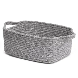 Storage Basket for Gifting, Small Woven Basket for Towels, Cute Baskets for Baby, Nursery, Decorative Rope Baskets for Living Room, Grey, 13 x 9.8 x 5 inches