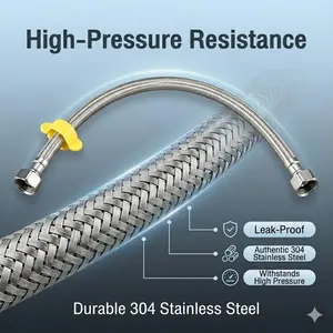 2-Pack 304 Stainless Steel Braided Water Hoses, G1/2 Inlet Kit, Flexible Connectors for Kitchen & Bathroom Sinks, Hot & Cold Pipes