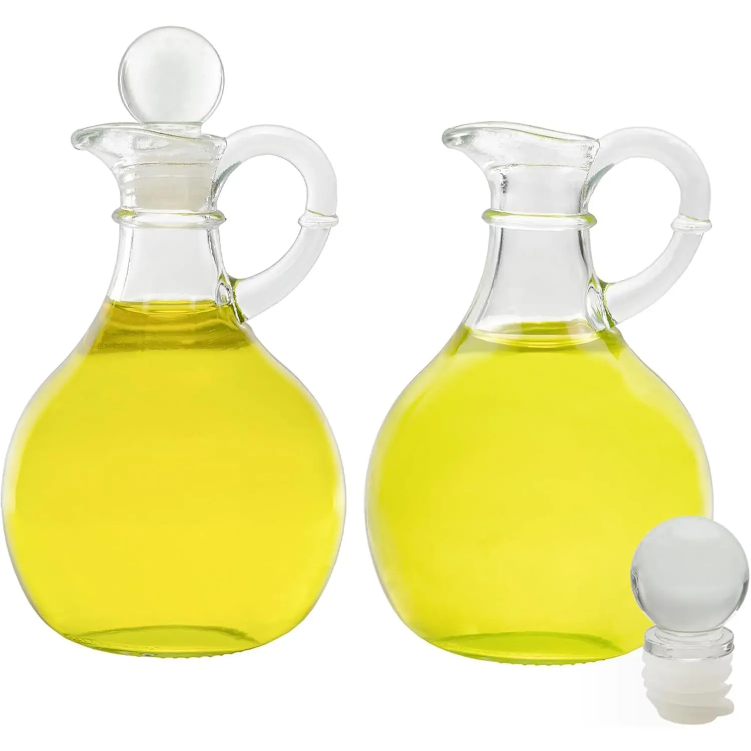 Glass Oil and Vinegar Cruets (Set of 2); 8oz Round Oil Dispensers / Salad Dressing Bottles with Stoppers