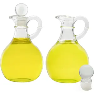 Glass Oil and Vinegar Cruets (Set of 2); 8oz Round Oil Dispensers / Salad Dressing Bottles with Stoppers