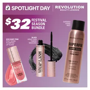Revolution Festival Season Bundle: includes the Pout Bomb Plumping Gloss, Wrap Lash Tubing Mascara, & Superfix Misting Setting Spray