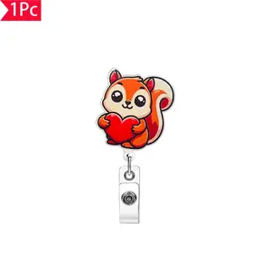 1PC Adorable Cartoon Squirrel Holding a Red Heart Retractable ID Lanyard Clip Retractable Badge Reel Cute Animal-Style Pull-Tab Badge Holder Personalized Badge Clip Perfect Gift for Nurses, Doctors, Holidays, and More