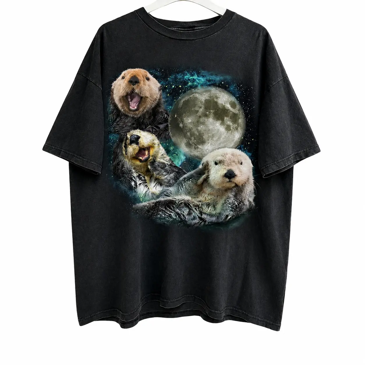 Three Sea Otters Vintage Graphic T-shirts, Retro Otter Moon Tshirt, Otter Lovers, Funny Cute Graphic Tee, Weird Shirts, Streetwear Tshirt Tops