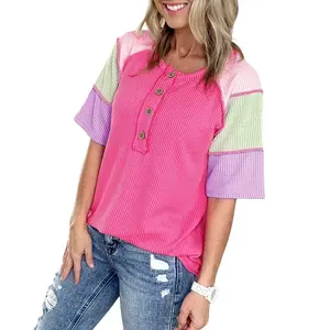 Twisted Ribbed Color Block Patchwork Henley Regular & Plus Size Short Sleeve T Shirt