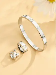 Women Silver Bangle Bracelet, Ring, and Earrings Jewellery - 4pc Jewelry Set