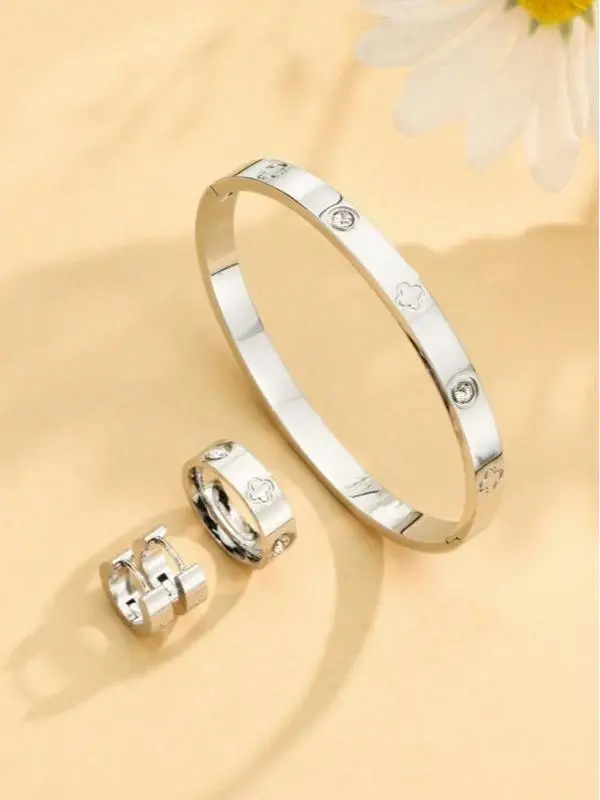 Women Silver Bangle Bracelet, Ring, and Earrings Jewellery - 4pc Jewelry Set