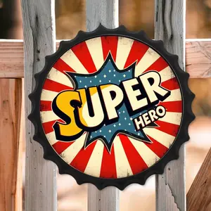 Retro Pop Art Super Hero Bottle Cap Metal Tin Sign, Bold Colors, Starburst Design, Living Room, Bedroom, Garage, Man Cave Decor