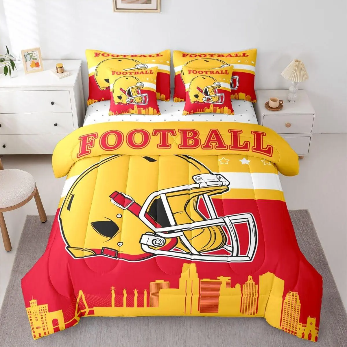 Football Themed Bed In A Bag With Flat and Fitted Sheet,Football City 7 Pcs Bedding Set for Sport Fans Gifts,Ruby With Pillowcases and Cushion Cases for Kids Men Women,Red Yellow