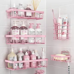 Pink 5-Pack Bathroom Home Accessories Set - Rust-Proof, Waterproof, No-Drilling Wall-Mounted Shower Organizer Rack with Large-Capacity Minimalist Toothbrush & Soap Holder, Gift for Mom