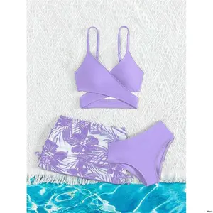 tiktokTweenGirlTropicalPrintedWrapCrossFrontTwoPiecesBikiniSetSummerBeach