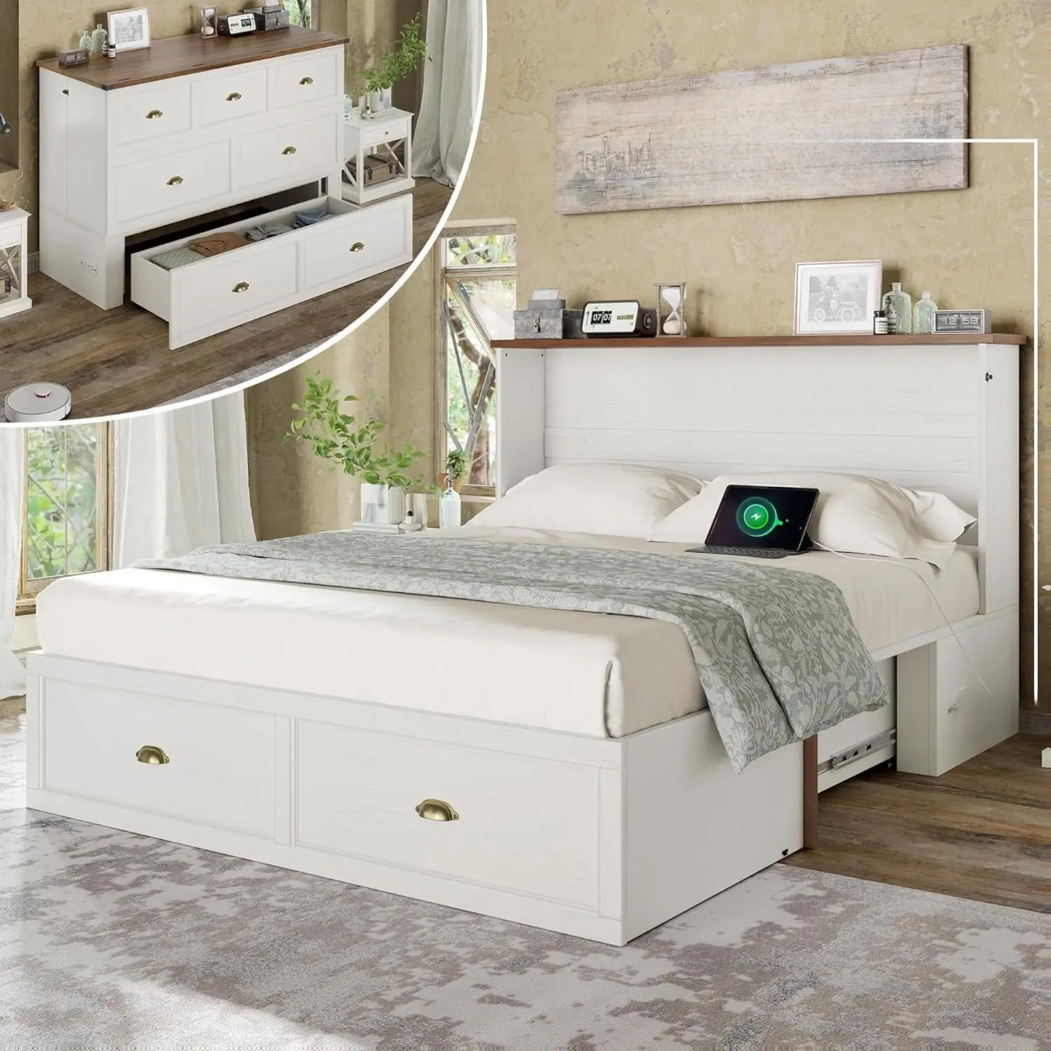 Amerlife Sturdy Murphy Bed, Farmhouse Cabinet Bed Frame with Charging Station and Storage Drawer, Ideal for Bedroom, Office, Sturdy Bed Frame