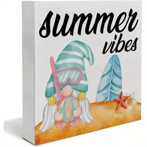 Summer Decor, Summer Vibes Decorations Beach Gnomes Wooden Sign Summer Home Decor Indoor for Desk Table Shelf 5 X 5 Inches