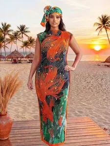 Elegant Chic Ruffled Slim Fit Long Dress Set, All over Print Shawl + Silk Scarf, Women's Beach Sun Protection Wrap, Casual Style