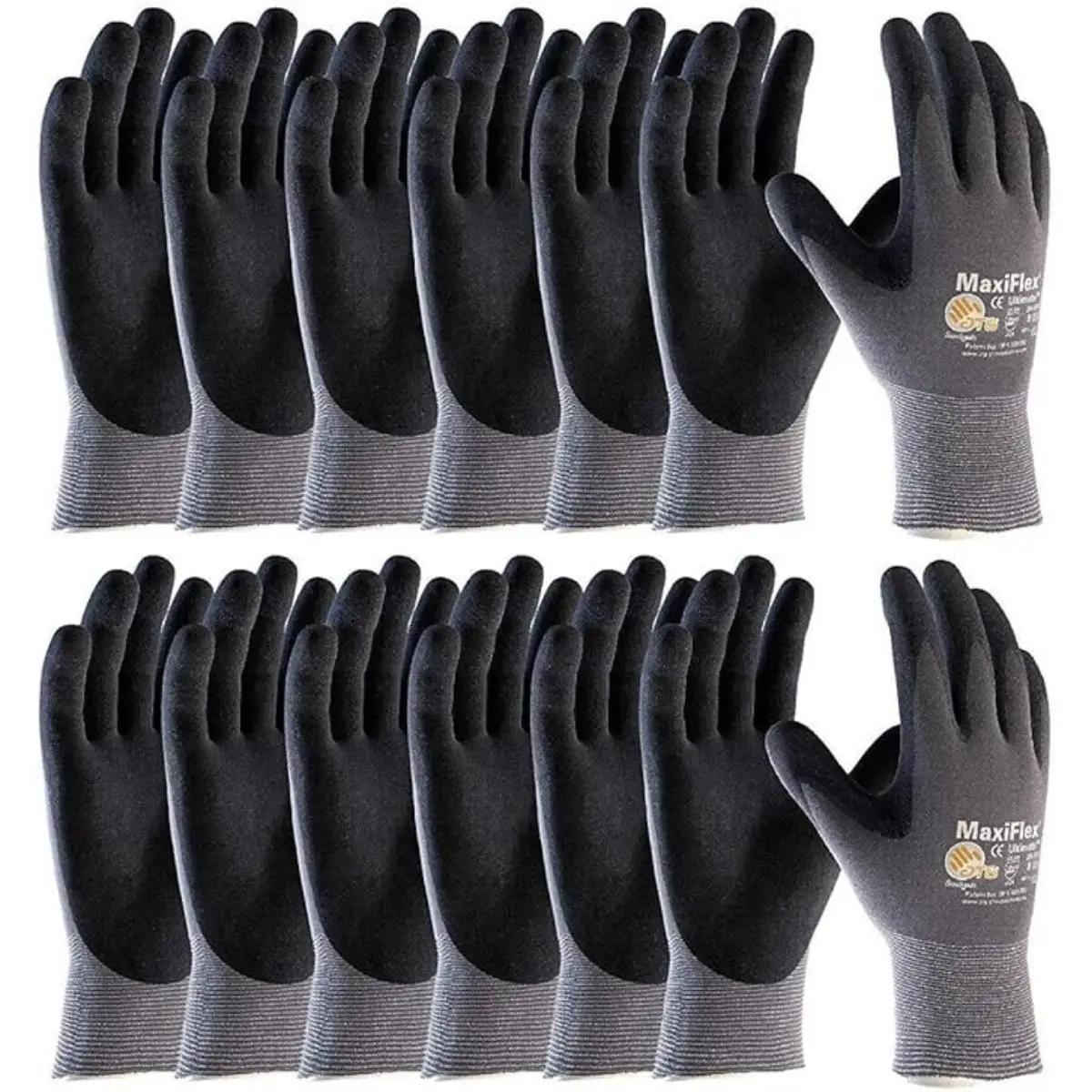 12 Pairs | Maxi_flex ATG 34-874 Ultimate - Nylon, Micro-Foam Nitrile Grip Gloves - Black/Gray Cleaning