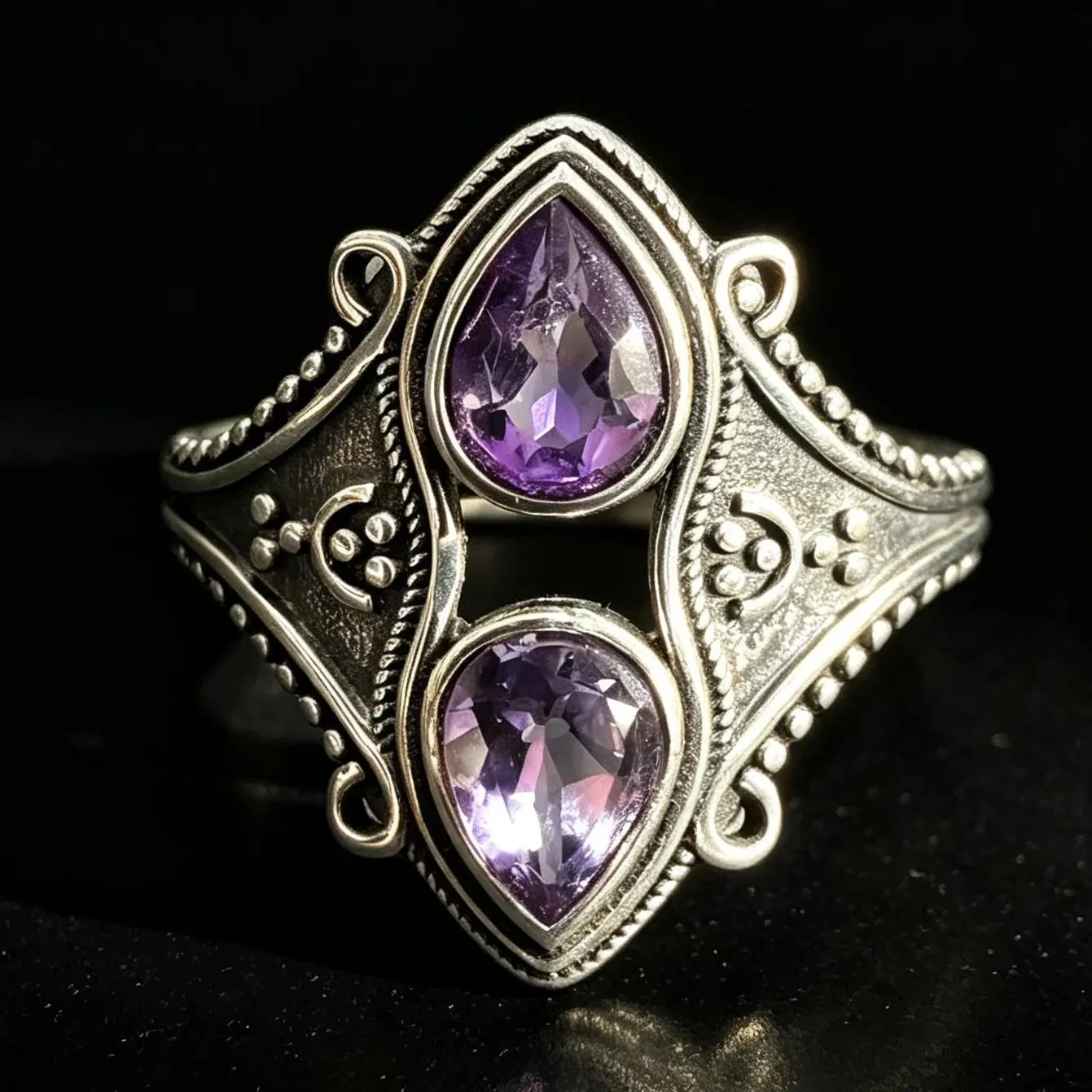 925 Sterling Silver Natural Amethyst Adjustable Statement Ring