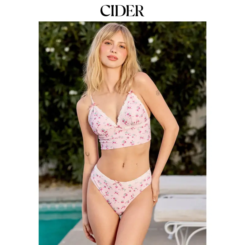 Cider Women's Elastane Bikini Swimwear Set, Sweet Floral Lace Trim V-Neck Bowknot Short Torso Tops, Low-Rise Cheeky Bottoms Floral Bathing Suits, 0Xl - 12/14, 2Xl - 20/22, Casual, Fashion, High Stretch, Low Waist, Polyester, 4Xl - 26, S - 4, M - 6, L - 8