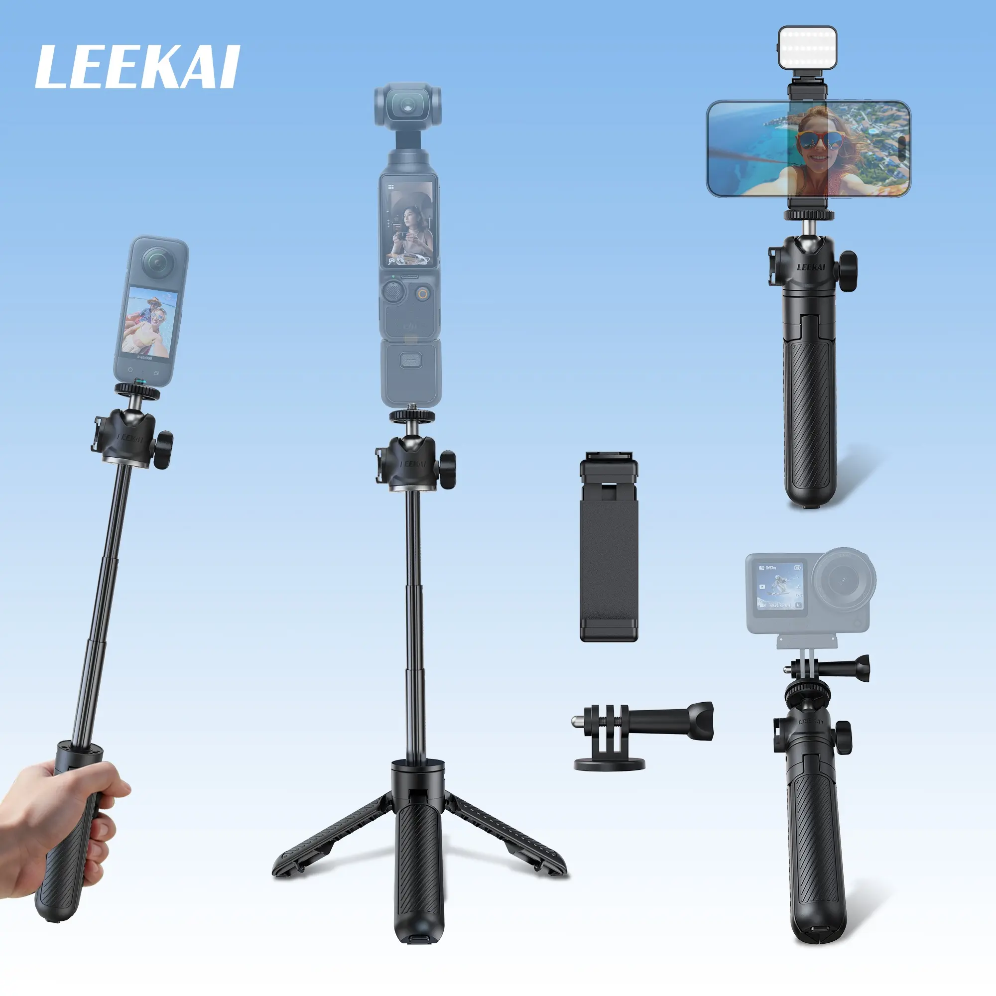 LEEKAI 0.01S Auto Open Extendable Tripod PX05 for DJI Osmo Pocket 3/4&Xtra Muse, Selfie Stick Phone Tripod with 360° Metal Ball Head, Rotatable Cold Shoe Mount, 1/4" Universal Screw, Compatible with Action 6/5 Pro/4/3, insta360 luna ultra/X5/X4/X3