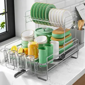 Expandable Dish Drying Rack, Metal Kitchen Sink Organizer, Adjustable Space-Saving Drain Rack, Gray