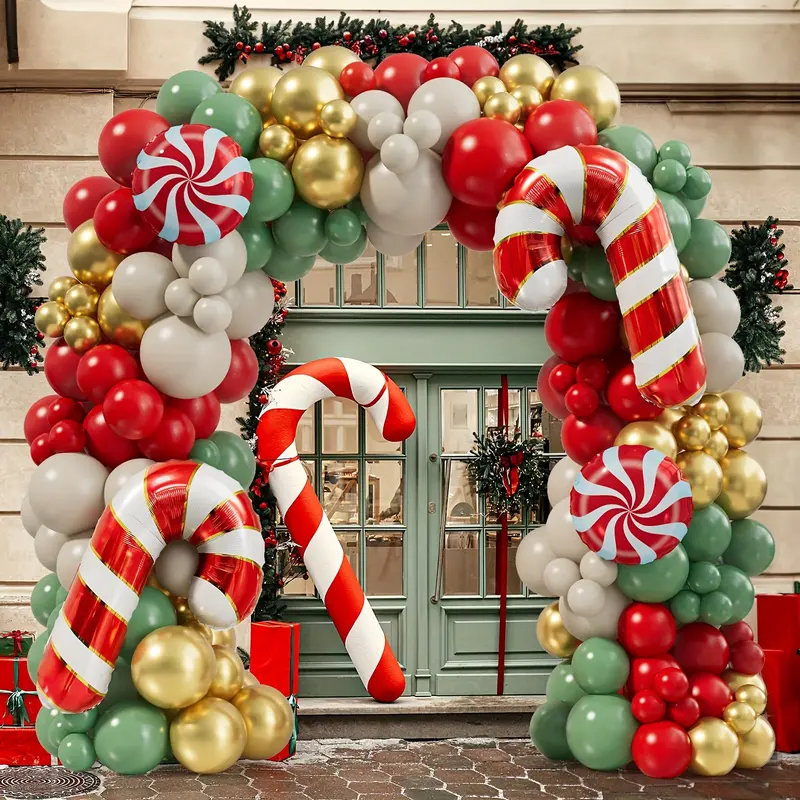 168 Pcs Red Sage Green Gold White Sand Balloons Christmas Balloon Garland Arch Kit Candy Balloons Cand Cane Balloons Nutcracker Balloons For Christmas Party Decorations Supplies