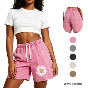 Wayii Fashion Daisy Print Acid Wash Sweat Shorts - Unisex Casual Summer Streetwear Bottoms with Drawstring and Convenient Pockets baggy comfy