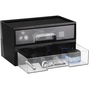 2 Pack Clear Stackable Storage Drawers, 12.1''W Plastic Organizer Bins Ideal for Desk Organization, Perfect for Storing Office Supplies, Black