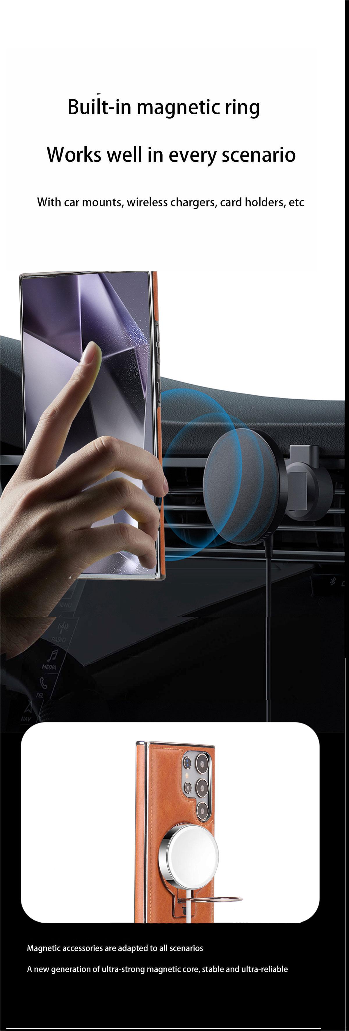 New Luxury Genuine Leather Magnetic Stand Phone Case for Samsung S25Ultra/S25Plus/S24Ultra/S23 Electroplated High-end Business Men Full Shockproof Protective Case