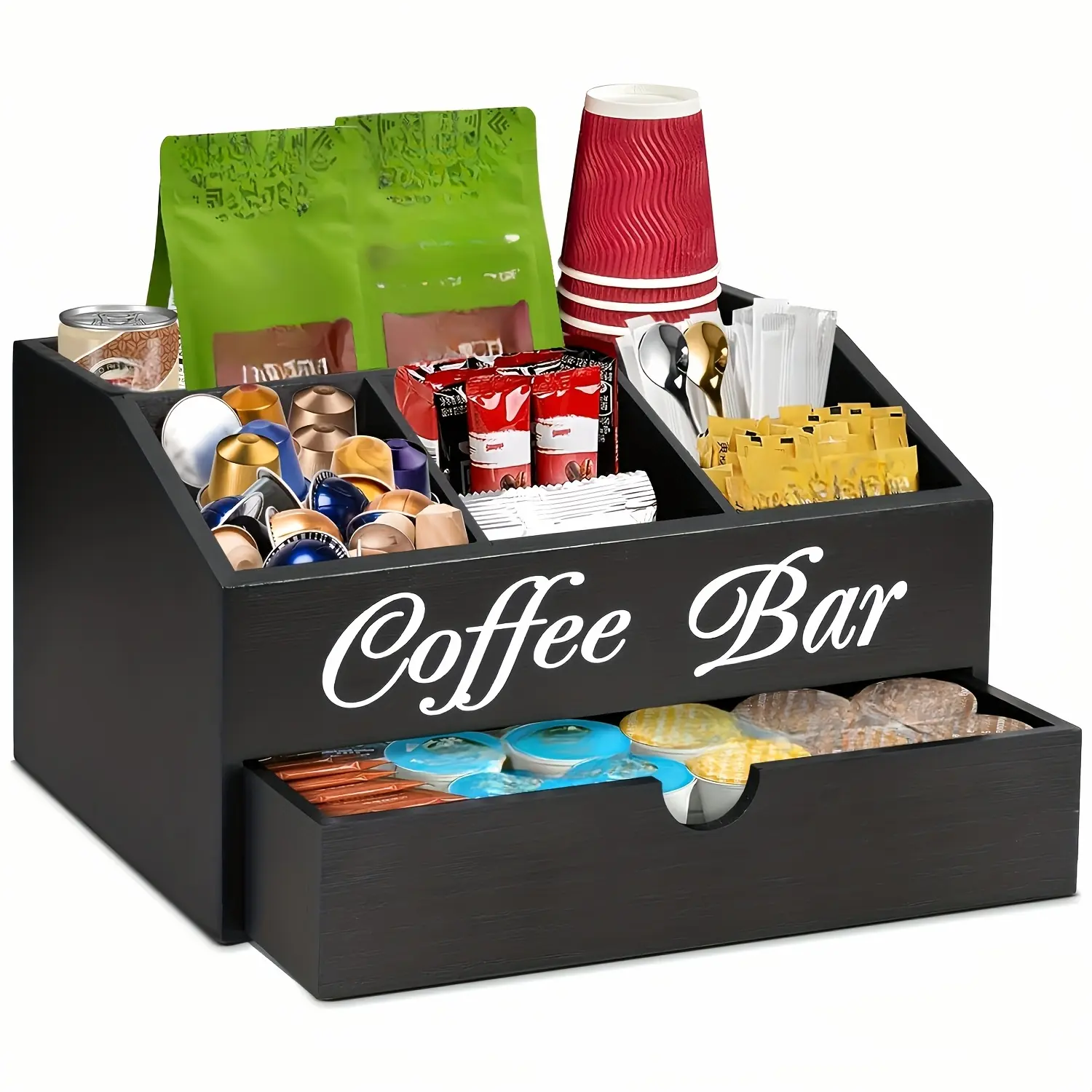 Wood Coffee Bar Organizer - Countertop Station with Drawer, Pods Holder & Storage Basket, Coffee Station Organizer for Counter, Coffee Pods Holder Storage Basket, Tea Condiment Storage Organizer, Rustic Bar Decor for Accessories Organizer