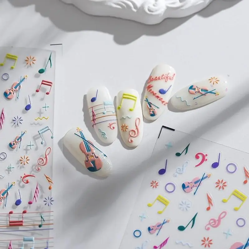 Colored Doodle Violin Music Note Design 5D Embossed Reliefs Nail Art Stickers Cute 3D Self Adhesive Manicure Decals