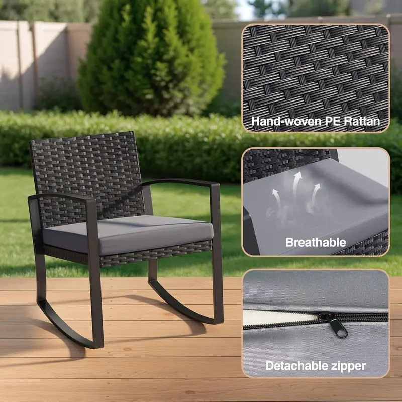GIZOON 3 Pieces Patio Furniture Set Rocking Bistro Set Outdoor Rattan Conversation with Coffee Table for Garden Balcony Backyard Poolside (Grey Cushion)