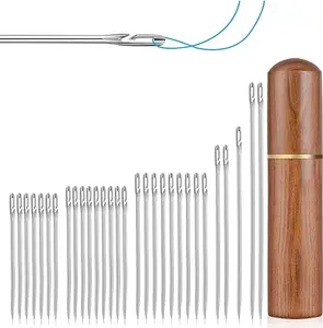 30Pcs Self Threading Needles, Embroidery Needles for Hand Sewing, 6 Sizes of Embroidery Needles, Easy Thread Threading Needles for Knitting Mending DIY Embroidery Sewing with Wooden Needle Case