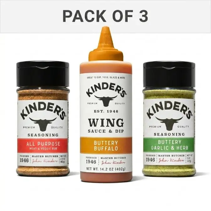 Pack of 3 Kinders Buttery Garlic & Herb Seasoning 2 oz, Buttery Buffalo Wing Sauce 14.2 oz & All Purpose Seasoning 2.9 oz