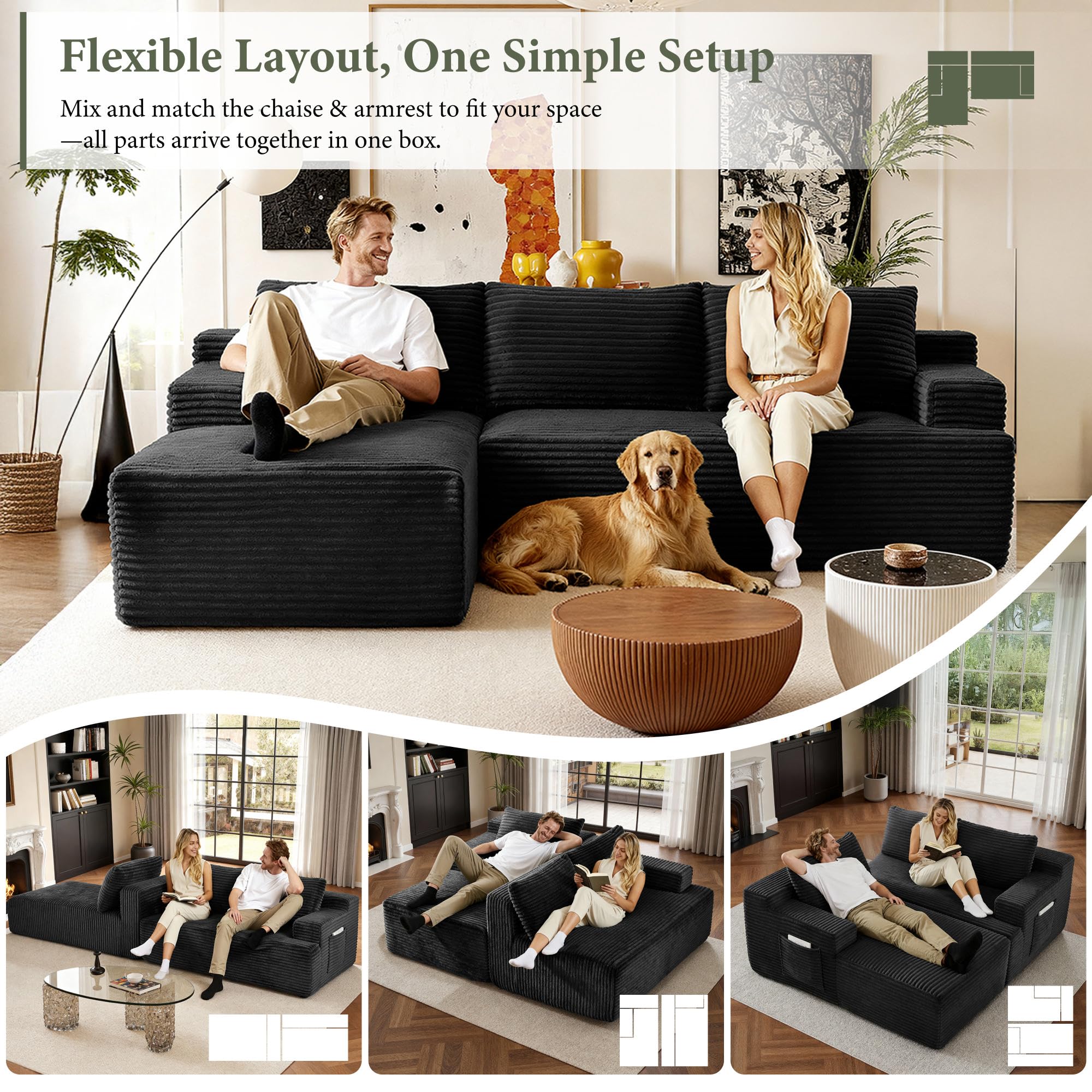 96-Inch L-Shaped Modular Corduroy Sofa with Chaise, Moderate Deep Seat, Vacuum-Packed, No-Assembly Indoor Furniture for Apartments & Condos