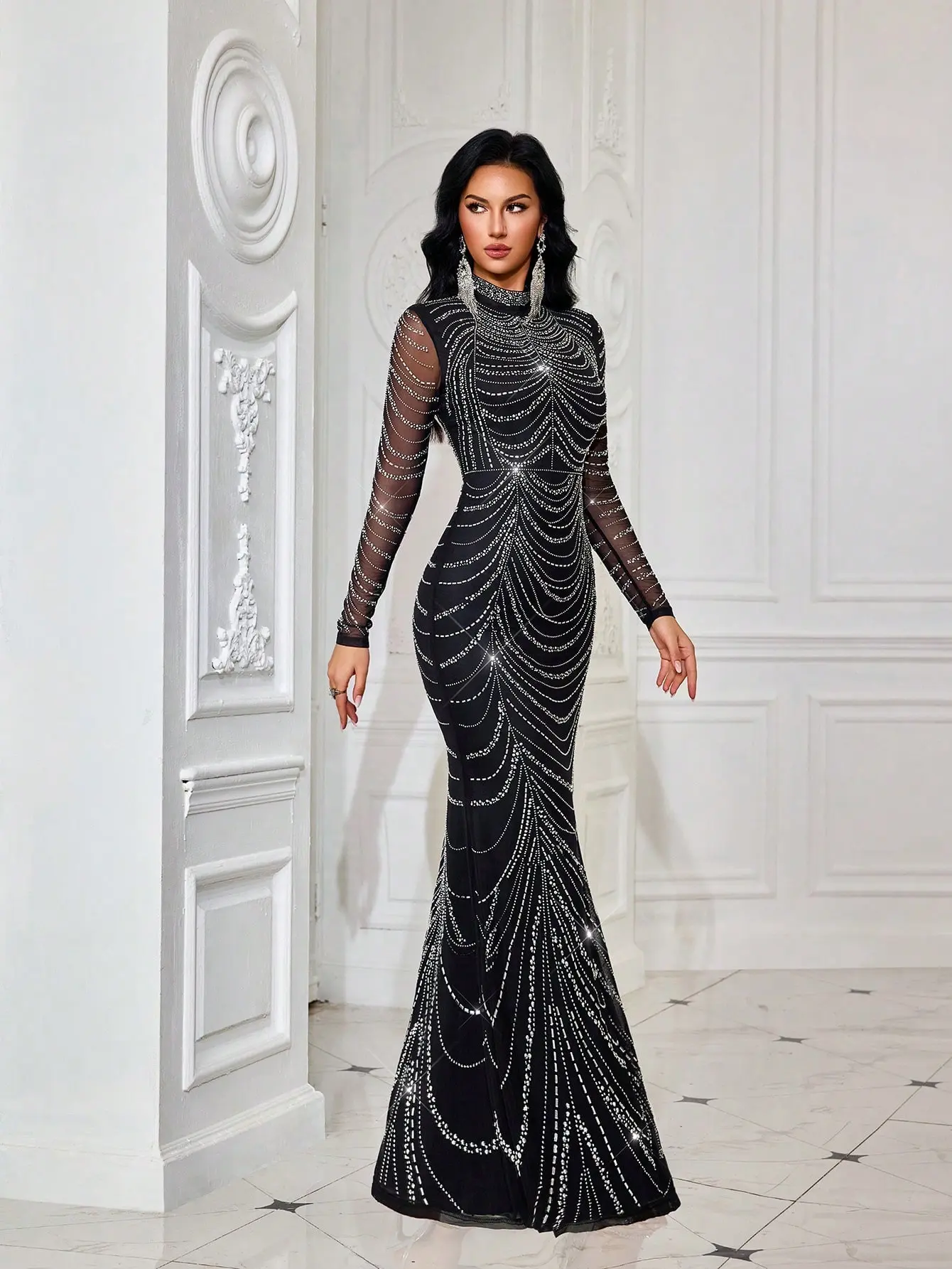 black rhinestone formal dress Couture Rhinestone Embellished V-Neck Train Evening Party Prom Dress main image 1
