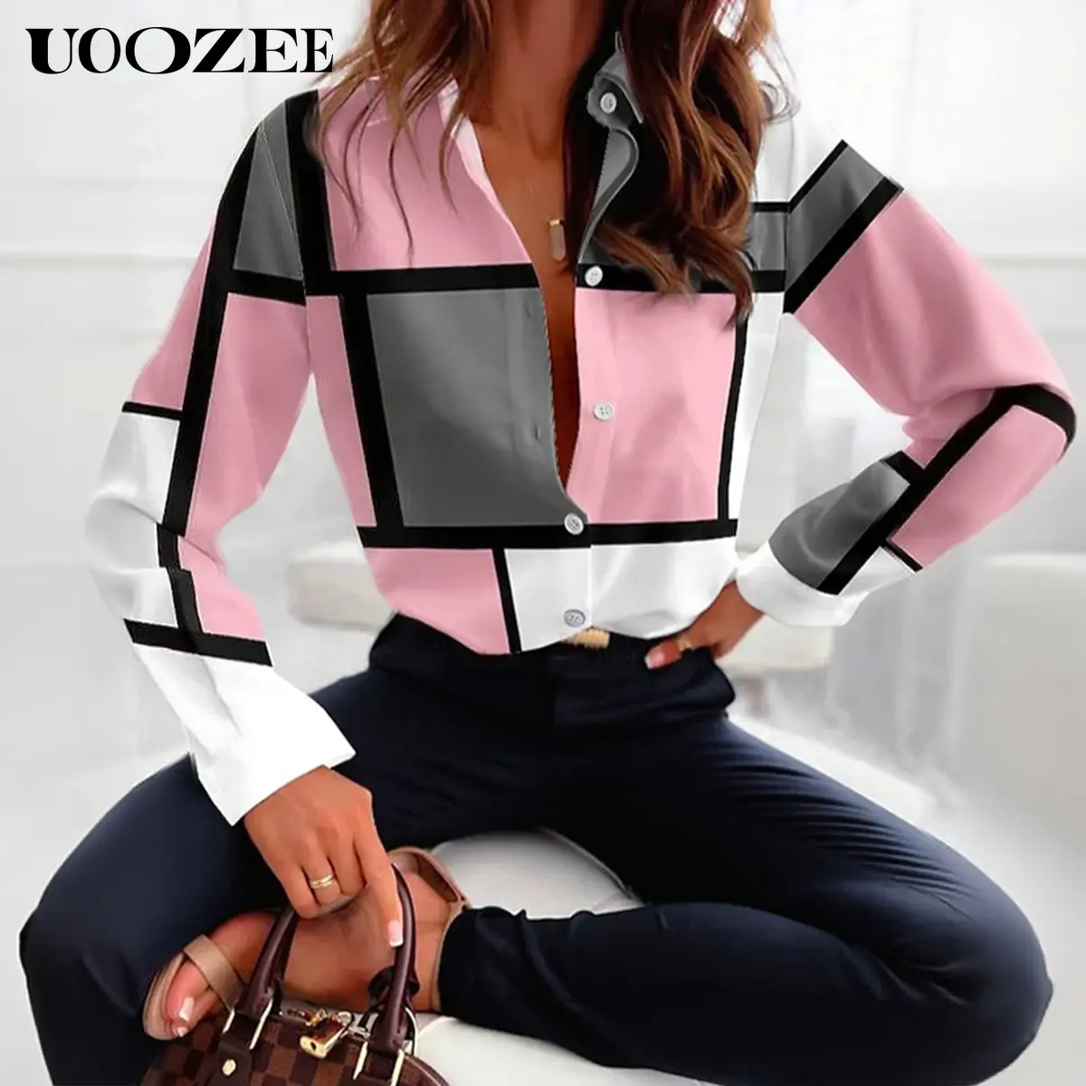 UOOZEE Blouses for women, Geometric Color Block Oversize Blouse, Long Sleeve Button Front Top in Smooth Lightweight Polyester with Relaxed Overall Fit