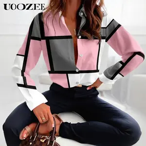 UOOZEE Women's 2026 New Spring Summer Geometric Color Block Button-Down Blouse - Smooth Light Fabric, Casual Plaid Contrast, Loose Long Sleeves, Lapel, Top Only, Pairable with Sky Outfits, Jeans, Jacket, Blazer, Leather Pieces,summervibes