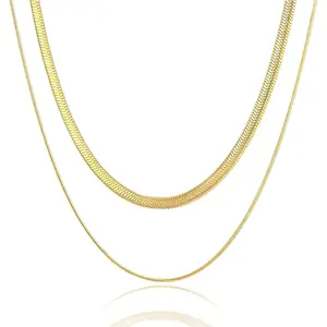 Household daily necessities BG&WLing Double Layered Gold Herringbone Necklaces for Women 18K Gold Plated Stainless Steel Snake Chain Necklace Non Tarnish Dainty Jewelry Gift