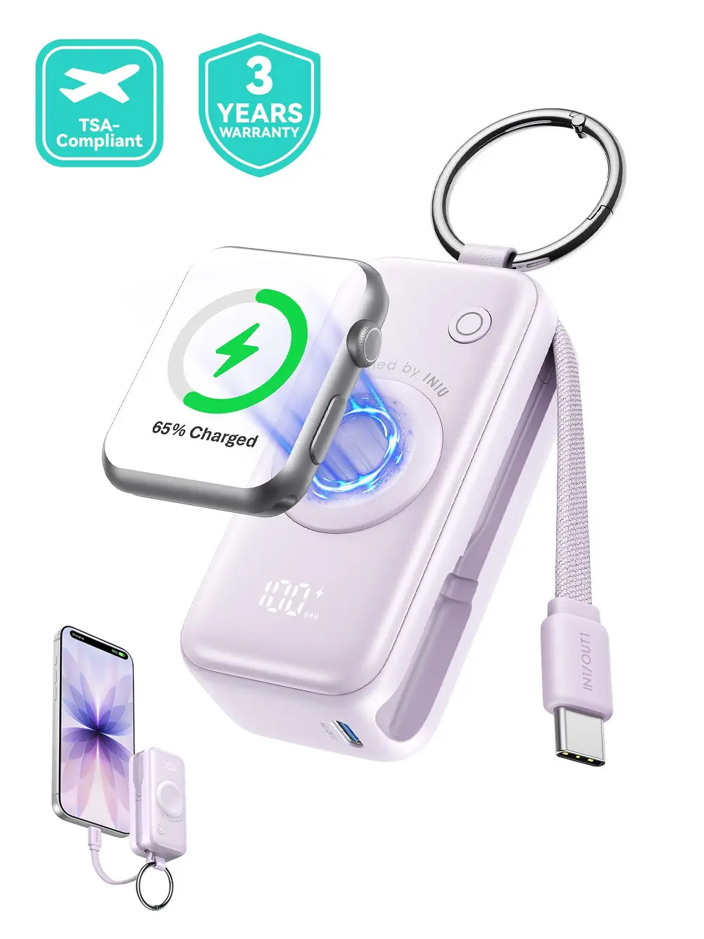 INIU P81 SnapGo Mini 5000mAh Battery Power Bank with Keychain, 20W Built-in USB-C Cable Fast Charge for Smart Watch Ultra/SE 2/3, iPhone 8-17, Wireless Earbuds Series, EDC Gear Everyday Carry Portable Charging Solution Travel Gift for Girls, Phone Accesso