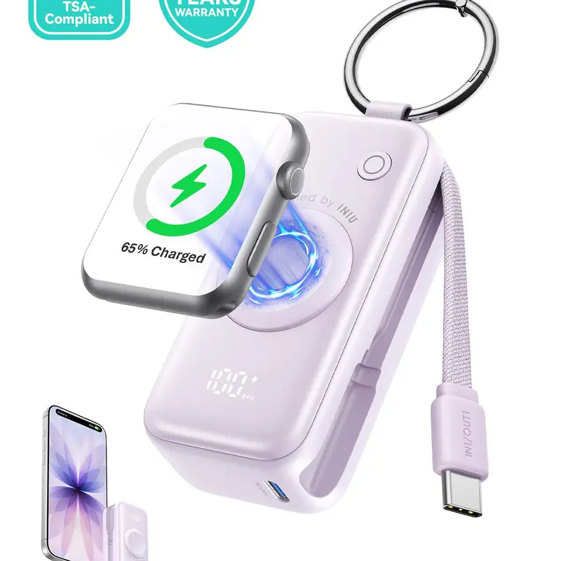 INIU P81 SnapGo Mini 5000mAh Portable Rechargeable Battery Power Bank Charger, Smart Mobile Power with Keychain, 20W Built-in USB-C Fast Charging Cable, Multifunctional Phone Accessories for iPhone 8-17, Smart Watch Ultra/SE 2/3, EDC Gear