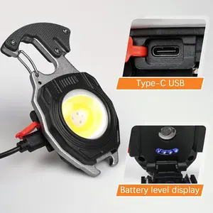 COB Keychain Work Light Flashlights Portable USB Rechargeable Emergency Light with Folding Bracket Bottle Opener and Magnet Base