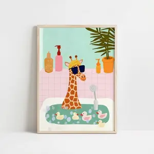 Giraffe Bathroom Wall Art – Fun Animal Poster – Kids Bathroom Decor