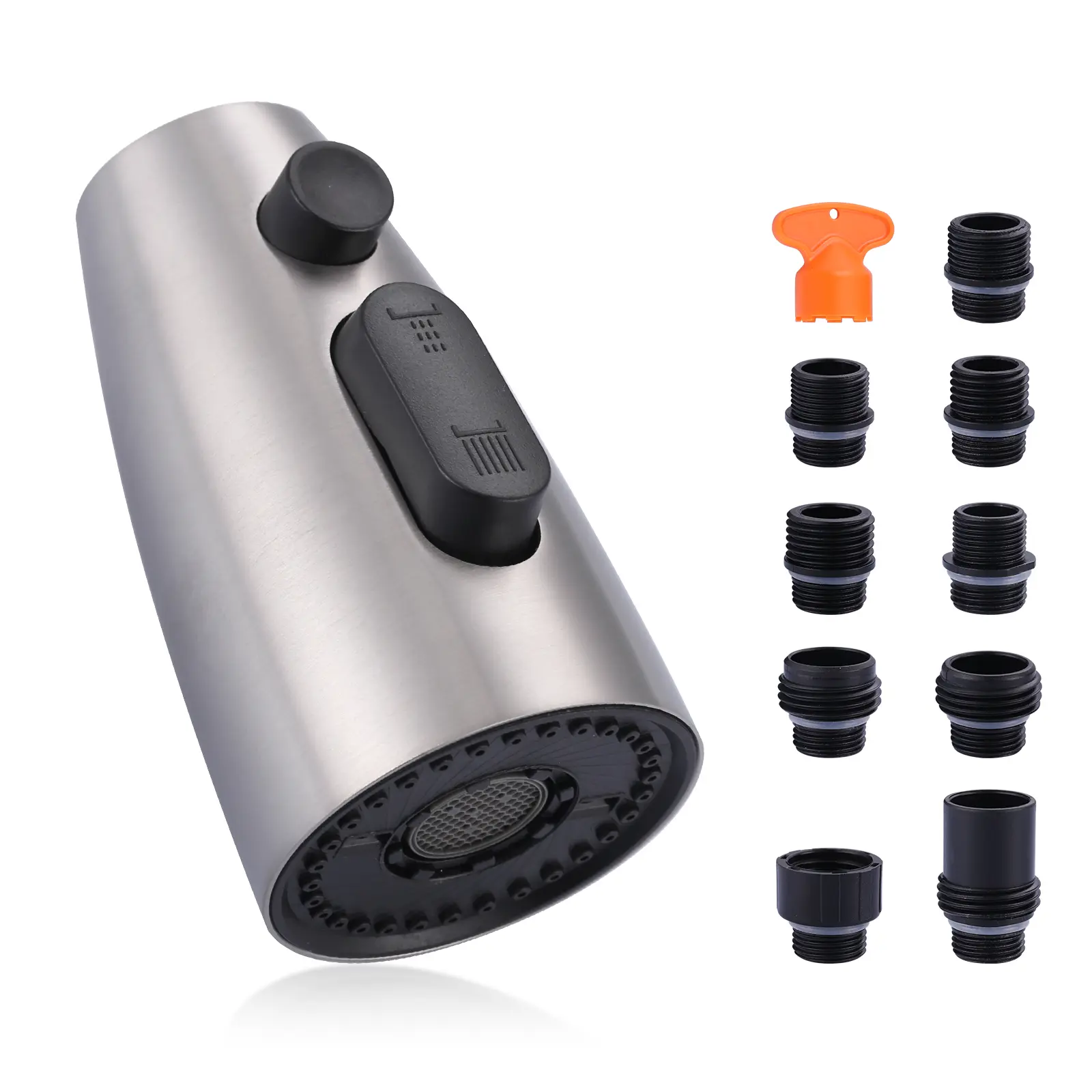 WOWOW Stainless Steel Pull Down Faucet Head Replacement - Multi-Mode Sprayer Attachment, Faucet Aerator, 9 Adapters, Water-Saving Brushed Nickel Kitchen Fixture Accessory