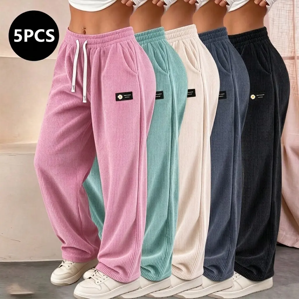 5-pack women’s corduroy pants with drawstring waist, side pockets, solid color, versatile for everyday casual wear and outdoor sports